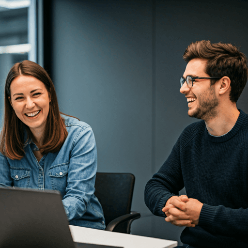 Teammitglieder lachen in einer gemeinsamen Arbeitssitzung